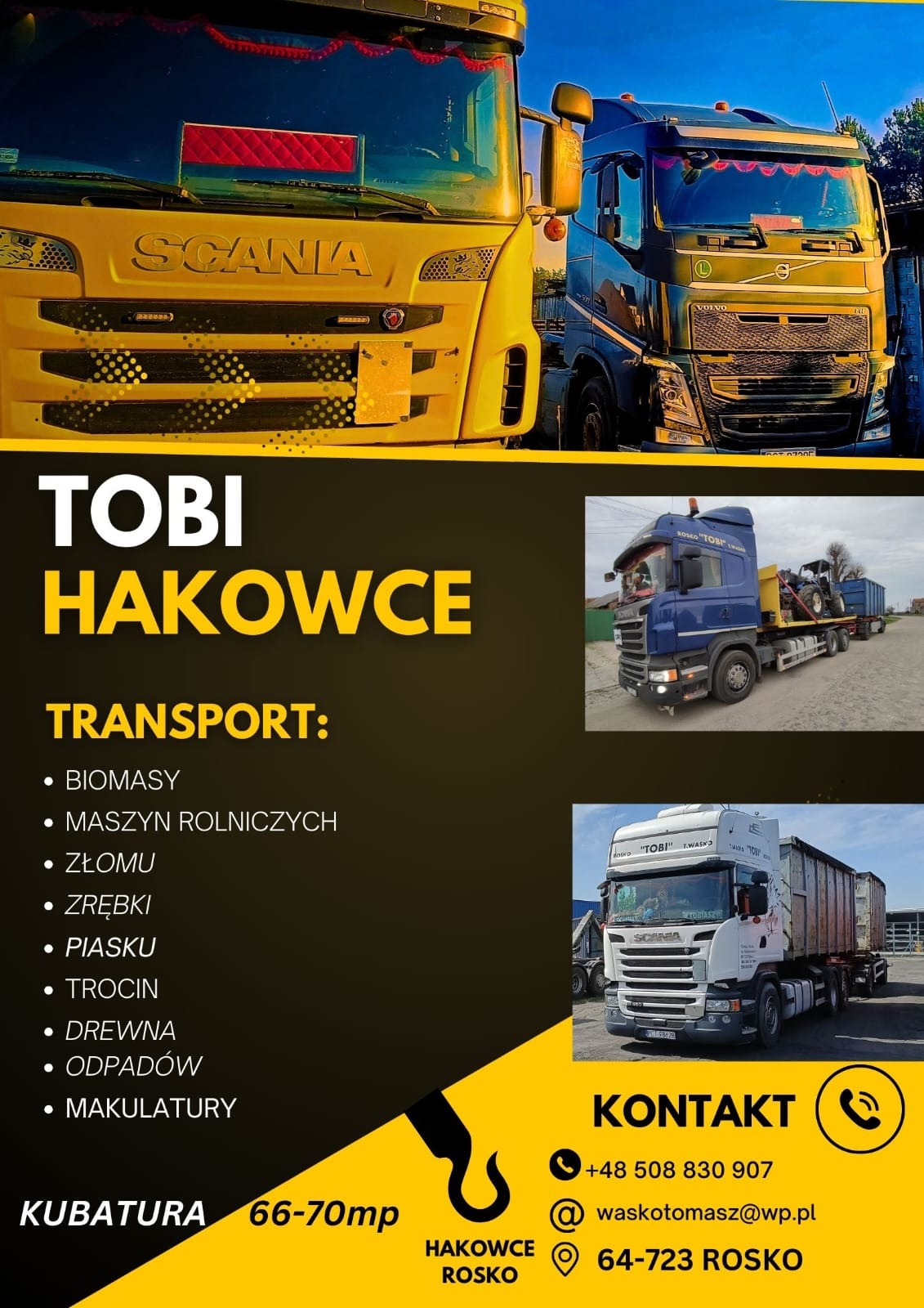 Żółta Scania i granatowy Volvo obok siebie, oraz przykładowe zdjęcia transportowanych ładunków i dane kontaktowe firmy.