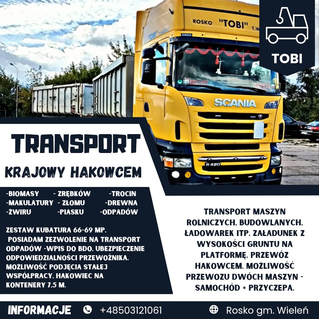 Żółta ciężarówka Scania R420 z kontenerem hakowym firmy TOBI, transportująca odpady, z widocznym logo firmy i informacjami kontaktowymi.