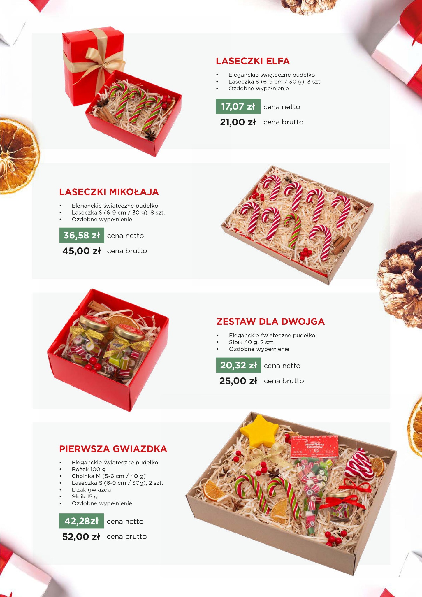 Różnorodne świąteczne zestawy upominkowe w eleganckich pudełkach, zawierające laski cukrowe, lizaki, słoiczki z cukierkami, ozdobne wypełnienie i suszone pomarańcze.