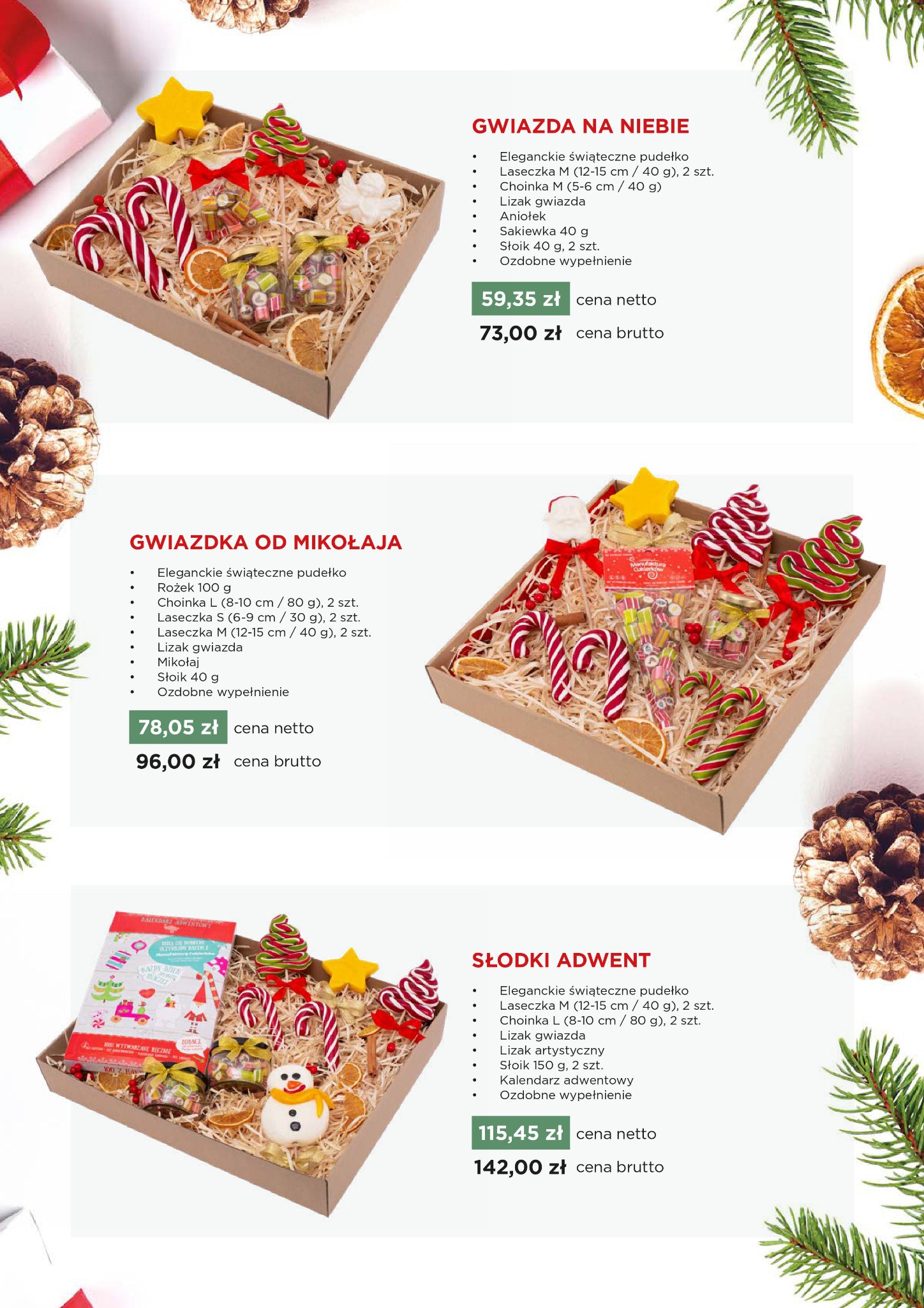 Świąteczny zestaw upominkowy w kartonowym pudełku wypełnionym siankiem, zawierający lizaki w kształcie lasek i choinek, słoiczki ze słodyczami, ozdoby w kształcie gwiazdy, aniołka i bałwanka...