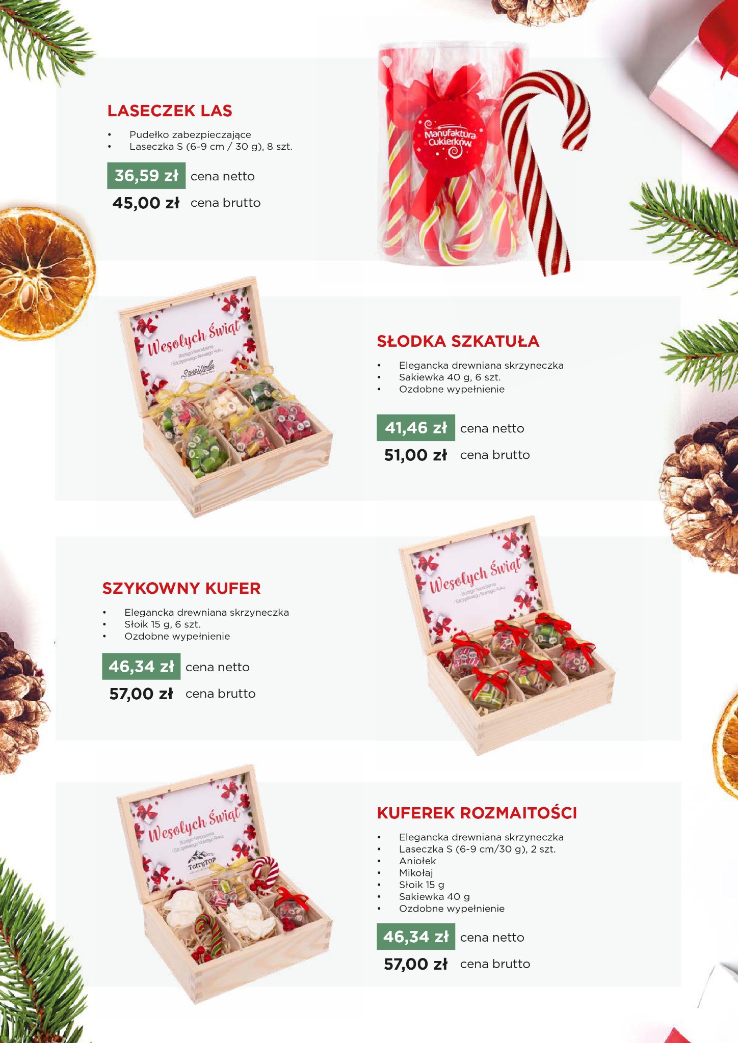 Zestaw prezentowy w drewnianej skrzynce z motywem świątecznym, zawierający słodycze i ozdoby, z cenami netto i brutto widocznymi obok.