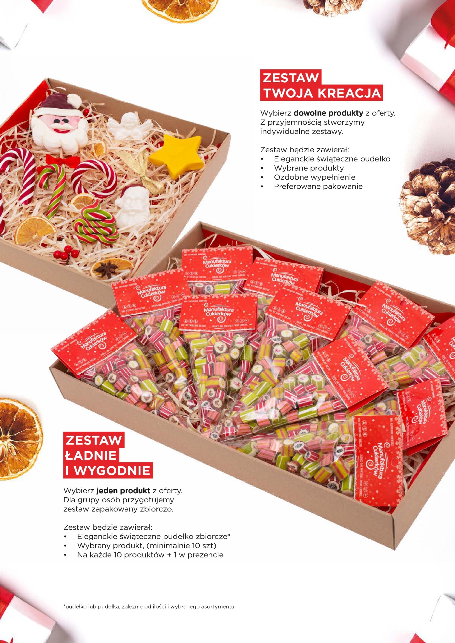 Dwa otwarte kartonowe pudełka z zawartością: w jednym ozdobne mydełka w kształcie Mikołaja, aniołka, gwiazdy i lasek oraz suszone pomarańcze, w drugim małe paczuszki cukierków z logo Manufaktura...