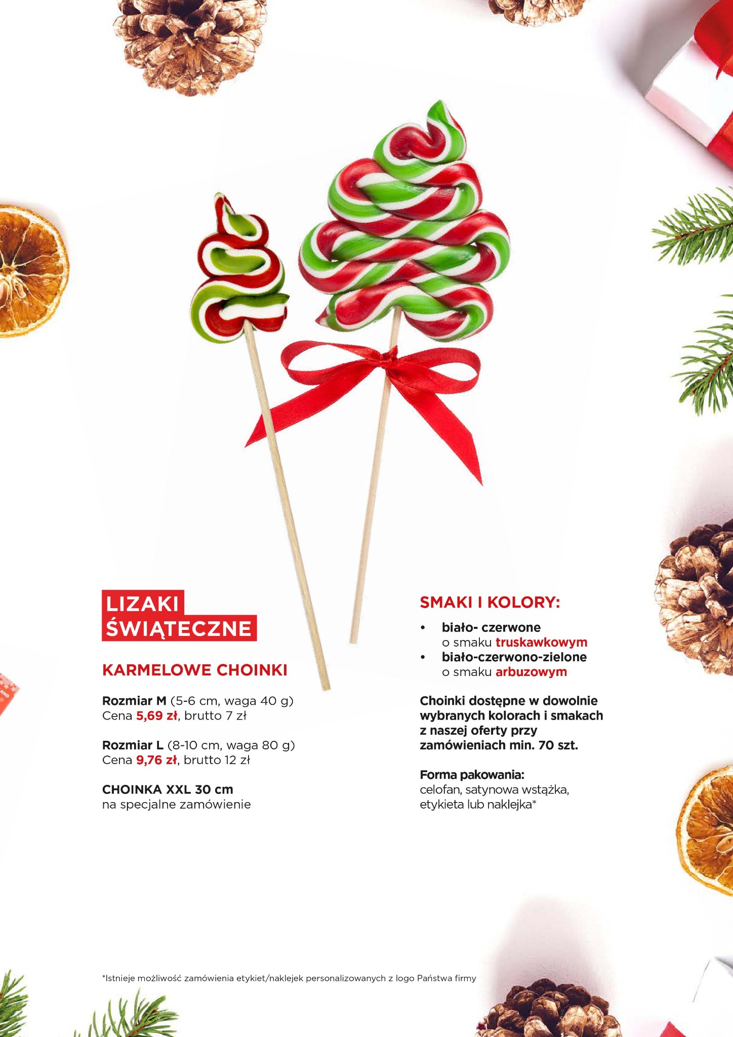 Świąteczne lizaki w kształcie choinek, biało-czerwone i biało-czerwono-zielone, z czerwoną wstążką, oferowane przez dostawcę z Warszawy. Idealne jako upominki.