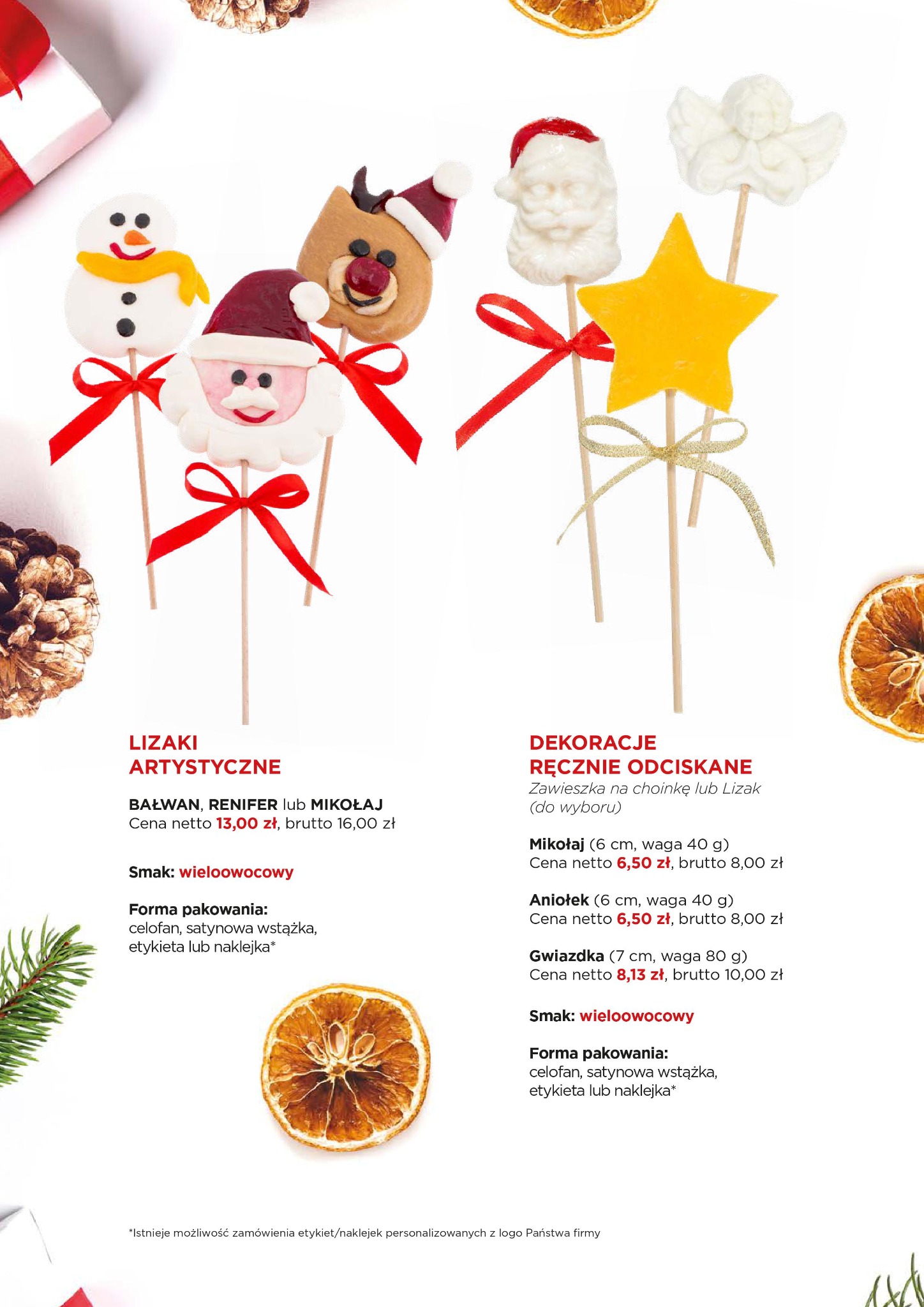 Artystyczne lizaki i dekoracje na patyku: bałwan, renifer, Mikołaj, aniołek i gwiazdka, owinięte celofanem i satynową wstążką, idealne na prezent.