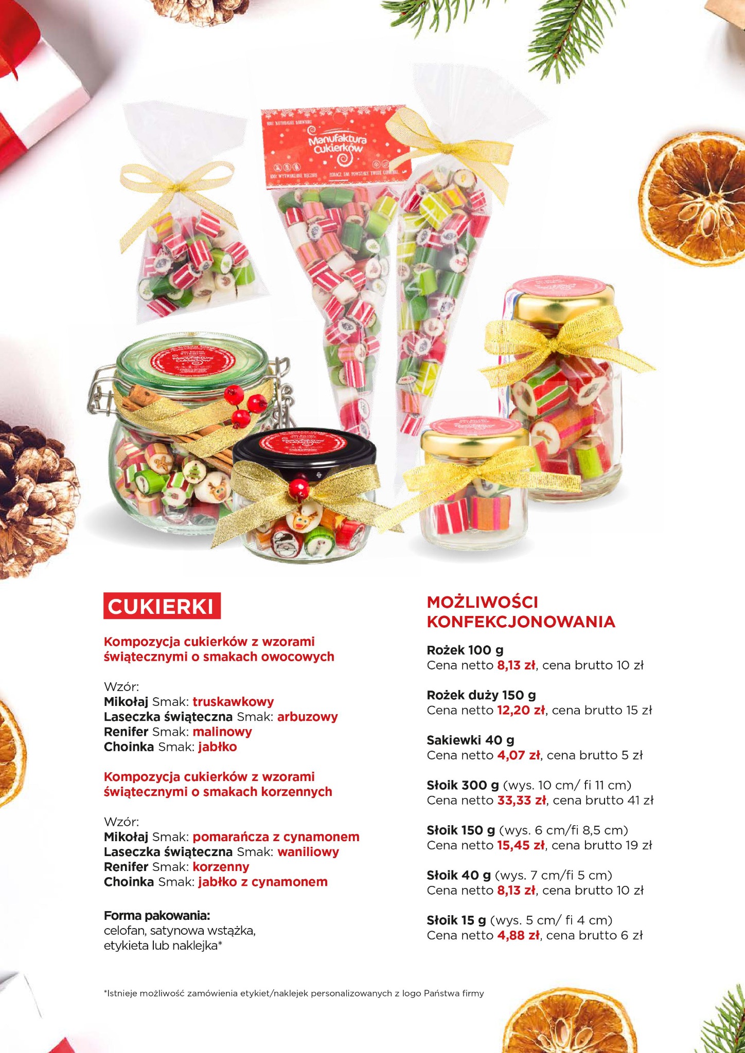 Różne opakowania świątecznych cukierków w kształcie walców: celofanowy rożek, słoik z kokardą, prezentowane na białym tle z elementami dekoracyjnymi, takimi jak suszona pomarańcza i gałązka świerku.