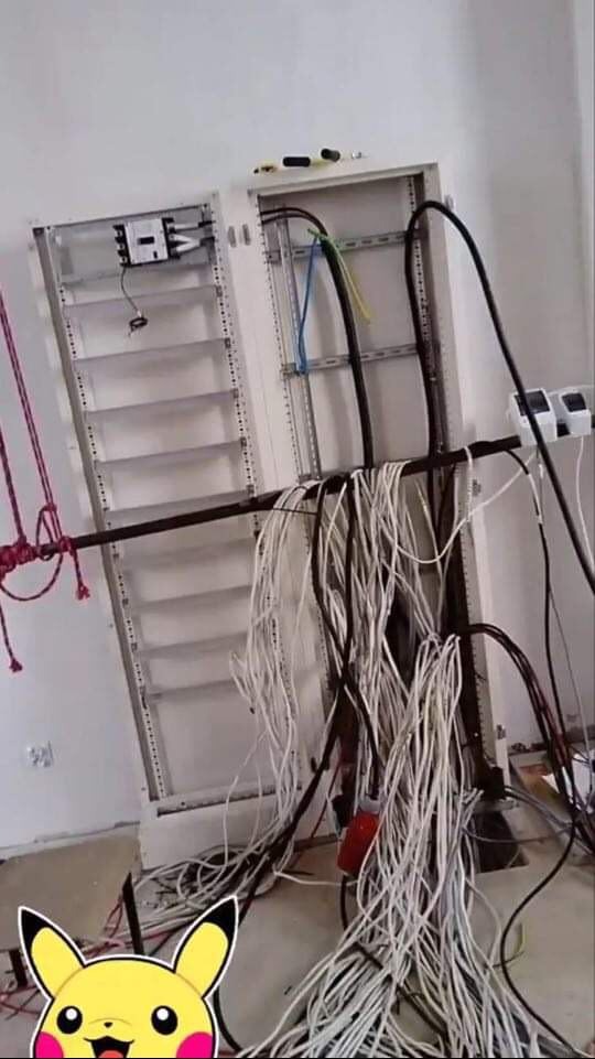 Rozdzielnica elektryczna w trakcie montażu, z licznymi przewodami wychodzącymi i wiszącymi, widoczne puste szyny montażowe, nieporządek na podłodze.