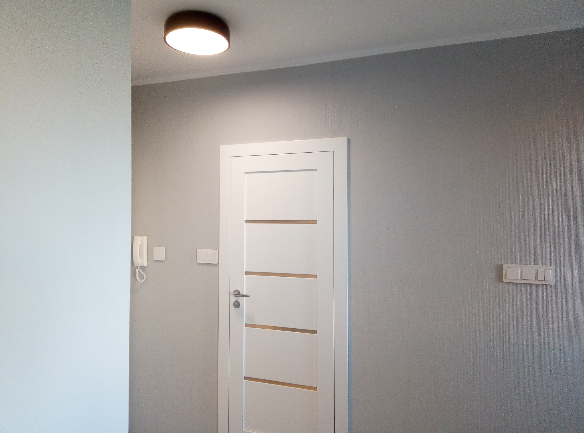 Wnętrze mieszkania po remoncie: białe drzwi wewnętrzne z poziomymi przeszkleniami, szara ściana z tapetą w pionowe prążki, okrągła lampa sufitowa i biały domofon.