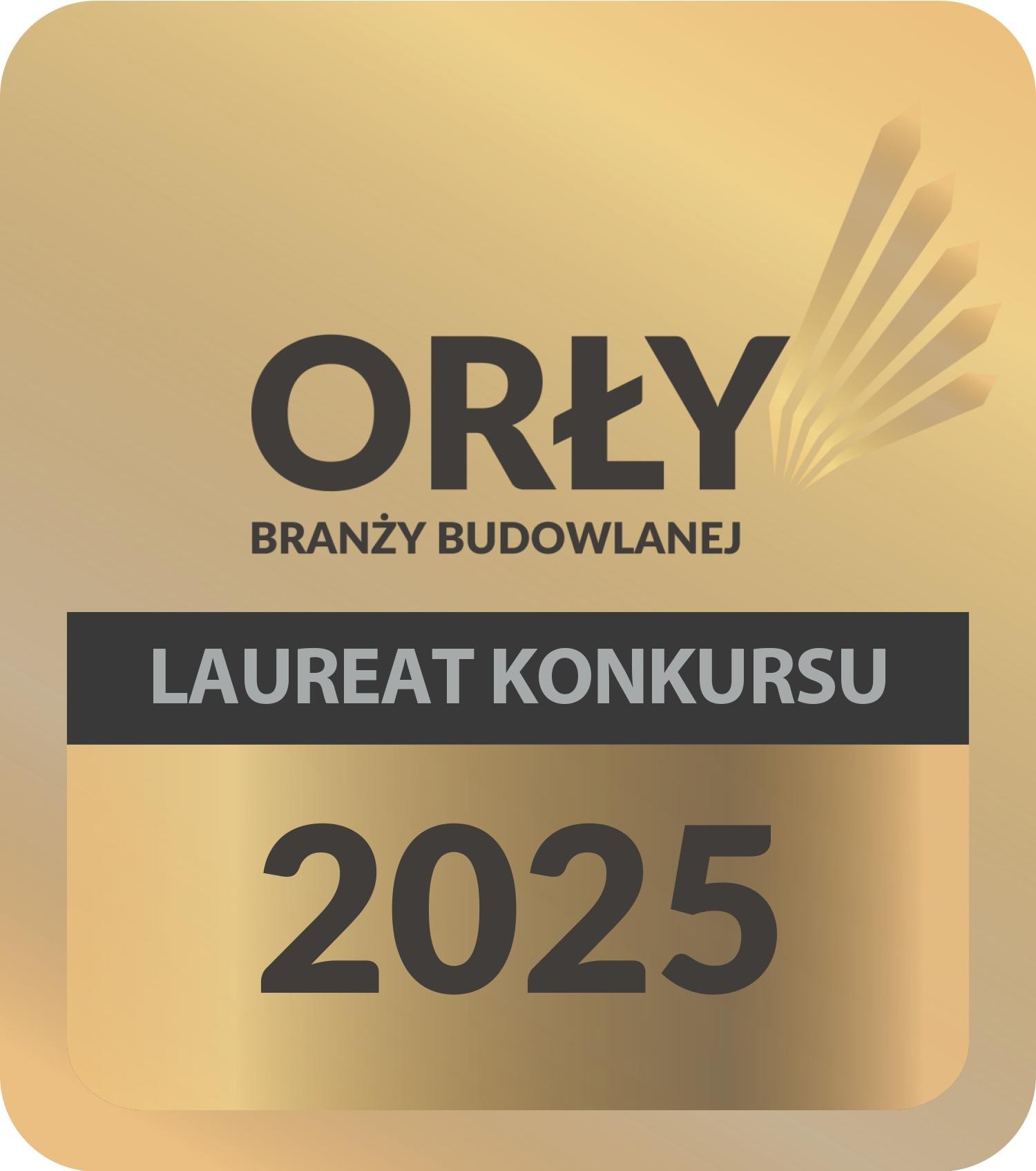 Złota nagroda 'Orły Branży Budowlanej' dla laureata konkursu w 2025 roku. Symbol prestiżu i uznania w sektorze budowlanym. Elegancki design z wyraźnym napisem.