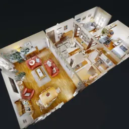 Rzut 3D mieszkania z góry, ukazujący salon z czerwonymi sofami, jadalnię z drewnianym stołem, kuchnię z jasnymi szafkami oraz sypialnię z niebieskim łóżkiem.