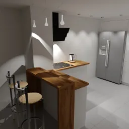 Wizualizacja nowoczesnej kuchni z białymi szafkami, drewnianym blatem i barkiem, czarnym okapem oraz dwoma hokerami przy barku.