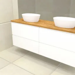 Wizualizacja łazienki: biała szafka pod umywalkę z drewnianym blatem i dwiema okrągłymi umywalkami nablatowymi.