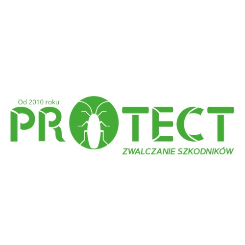 Zielone logo firmy Protect Zwalczanie Szkodników z sylwetką karalucha w okręgu, informujące o działalności od 2010 roku. Minimalistyczny design na białym tle.