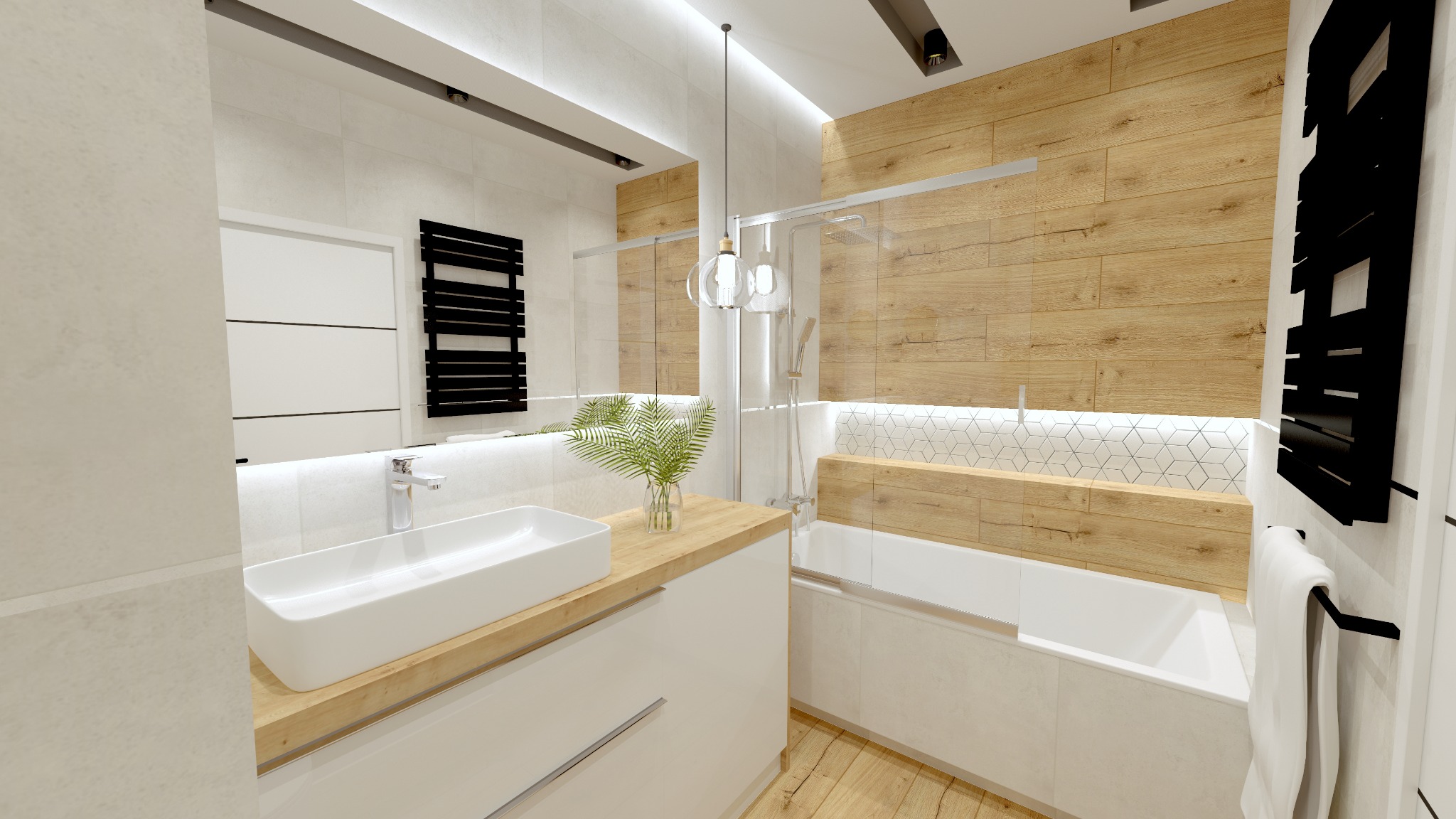 Nowoczesna łazienka z drewnianymi akcentami: wanna obudowana płytkami, drewniana ściana, umywalka nablatowa, czarny grzejnik ręcznikowy i szklana kabina prysznicowa.