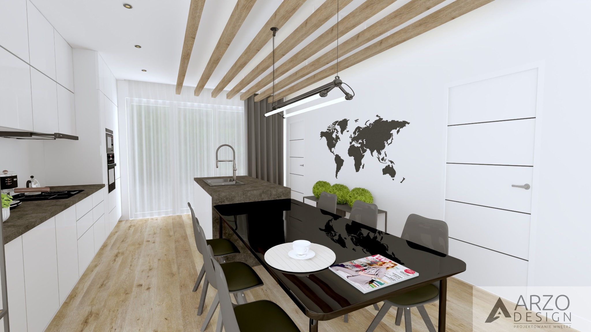 Wizualizacja nowoczesnej kuchni z wyspą i czarnym stołem jadalnym, drewniane belki na suficie, mapa świata na ścianie, minimalistyczne białe meble kuchenne.