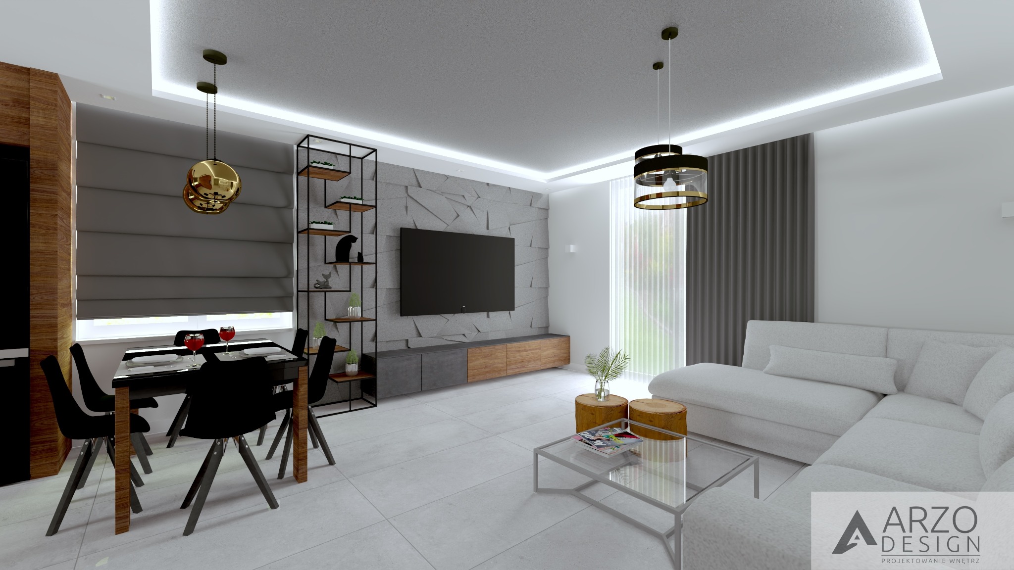 Wizualizacja salonu z jadalnią: czarny stół z krzesłami, szara ściana z telewizorem, biała sofa narożna, szklany stolik kawowy i złote lampy wiszące.