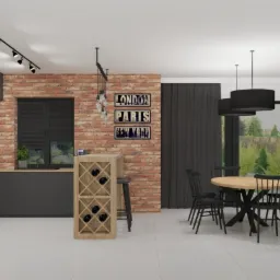 Wizualizacja kuchni z jadalnią w stylu industrialnym: szare szafki kuchenne, ceglana ściana, drewniany regał na wino, okrągły stół z czarnymi krzesłami i wiszące lampy.