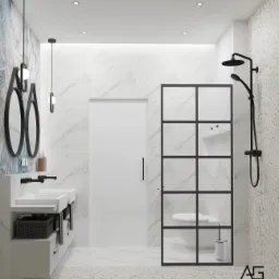 Nowoczesna łazienka z dwoma umywalkami na blacie, okrągłymi lustrami z podświetleniem, kabiną prysznicową typu walk-in z czarną ramą i deszczownicą, wykończona płytkami imitującymi marmur i terazzo.