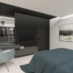 Wizualizacja sypialni z łóżkiem w odcieniach niebieskiego, szarą toaletką z lustrem, krzesłem w kolorze morskim i ścianą z pionowych paneli z wbudowanym telewizorem, oświetlona punktowymi lampami...