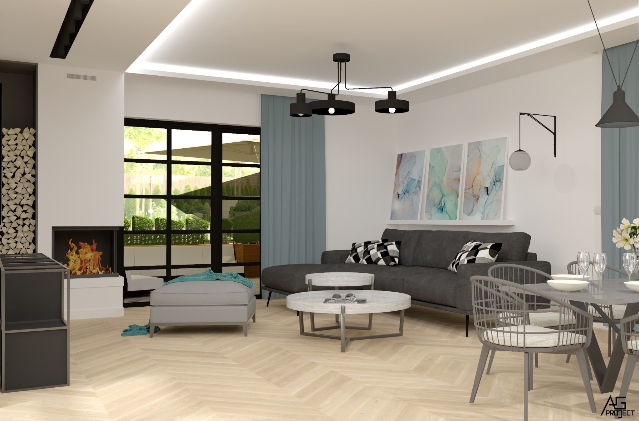 Wizualizacja salonu z kominkiem, szarą sofą narożną, okrągłymi stolikami kawowymi, stołem z szarymi krzesłami oraz parkietem ułożonym w jodełkę. Dodatkowo widoczne są obrazy na ścianie i nowoczesne...