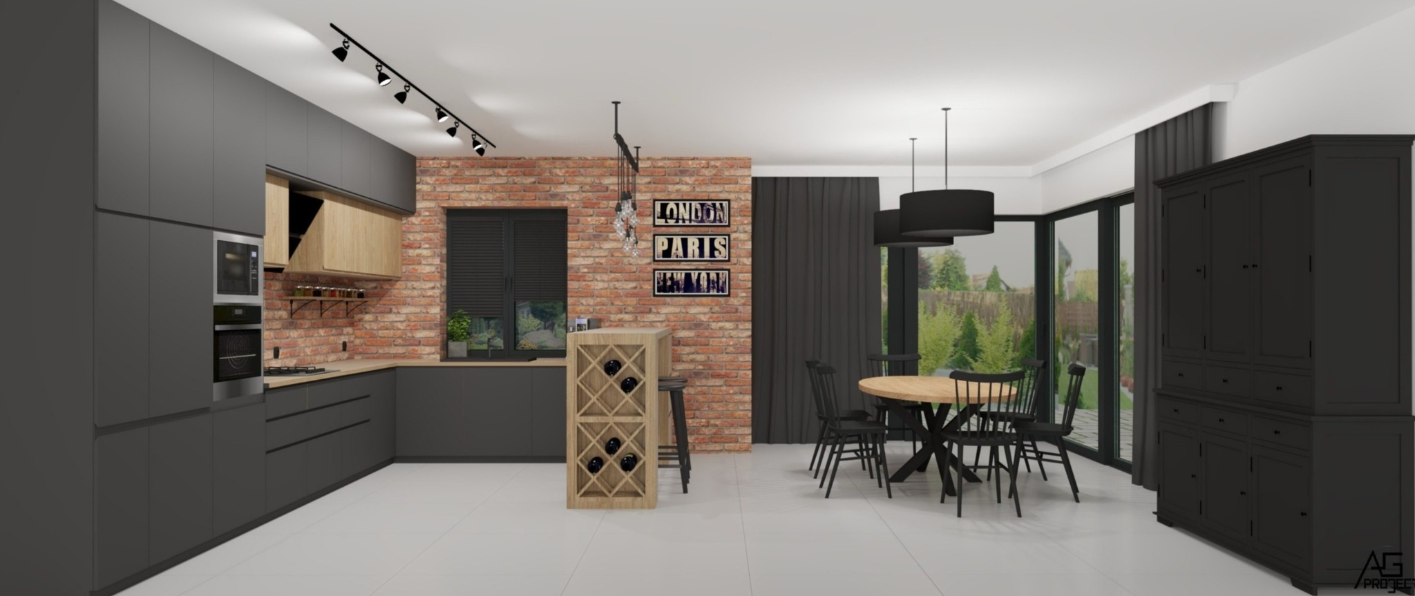 Wizualizacja kuchni z jadalnią w stylu industrialnym: szare szafki kuchenne, ceglana ściana, drewniany regał na wino, okrągły stół z czarnymi krzesłami i wiszące lampy.