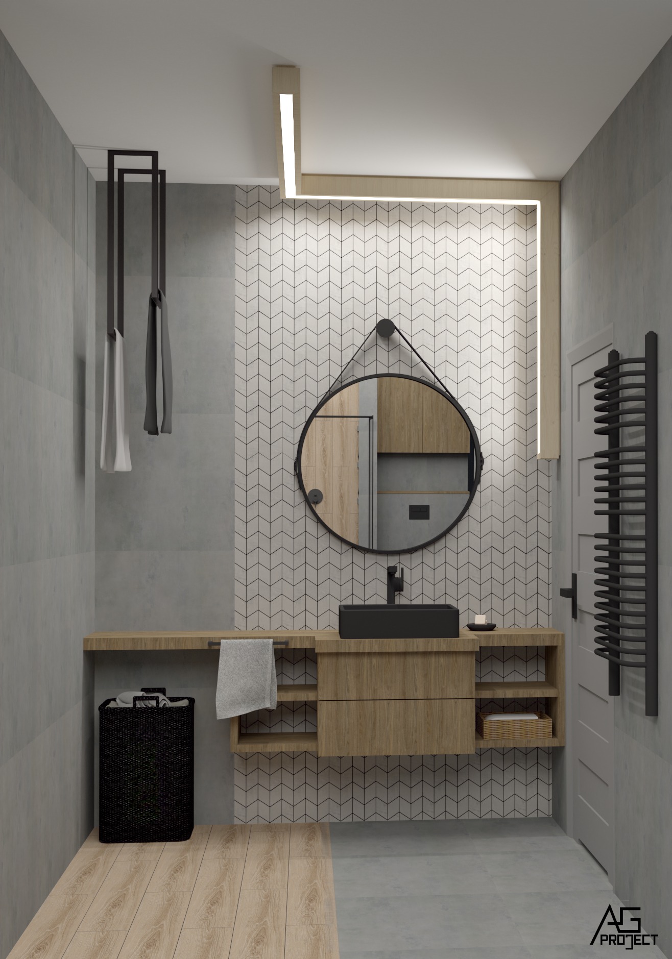 Wizualizacja nowoczesnej łazienki z drewnianą szafką pod umywalkę, czarną umywalką nablatową, okrągłym lustrem na pasku, grzejnikiem drabinkowym i geometryczną tapetą w biało-szare zygzaki.