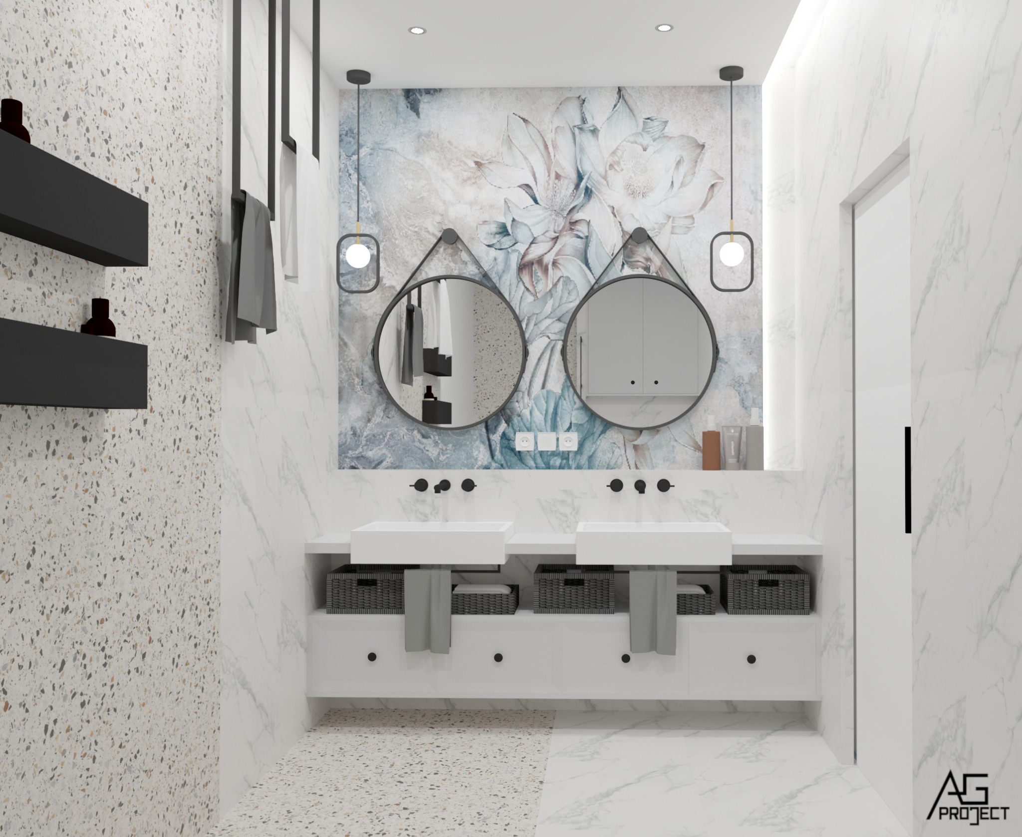 Wizualizacja przestronnej łazienki z podwójną umywalką, okrągłymi lustrami na tle ściany z motywem kwiatowym, wiszącymi lampami, terazzo na ścianie i podłodze oraz białymi szafkami z koszami.