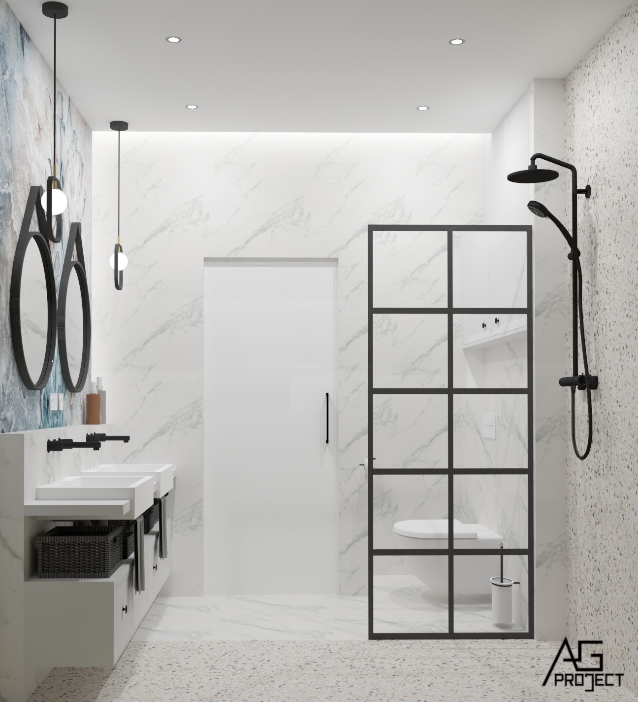 Nowoczesna łazienka z dwoma umywalkami na blacie, okrągłymi lustrami z podświetleniem, kabiną prysznicową typu walk-in z czarną ramą i deszczownicą, wykończona płytkami imitującymi marmur i terazzo.