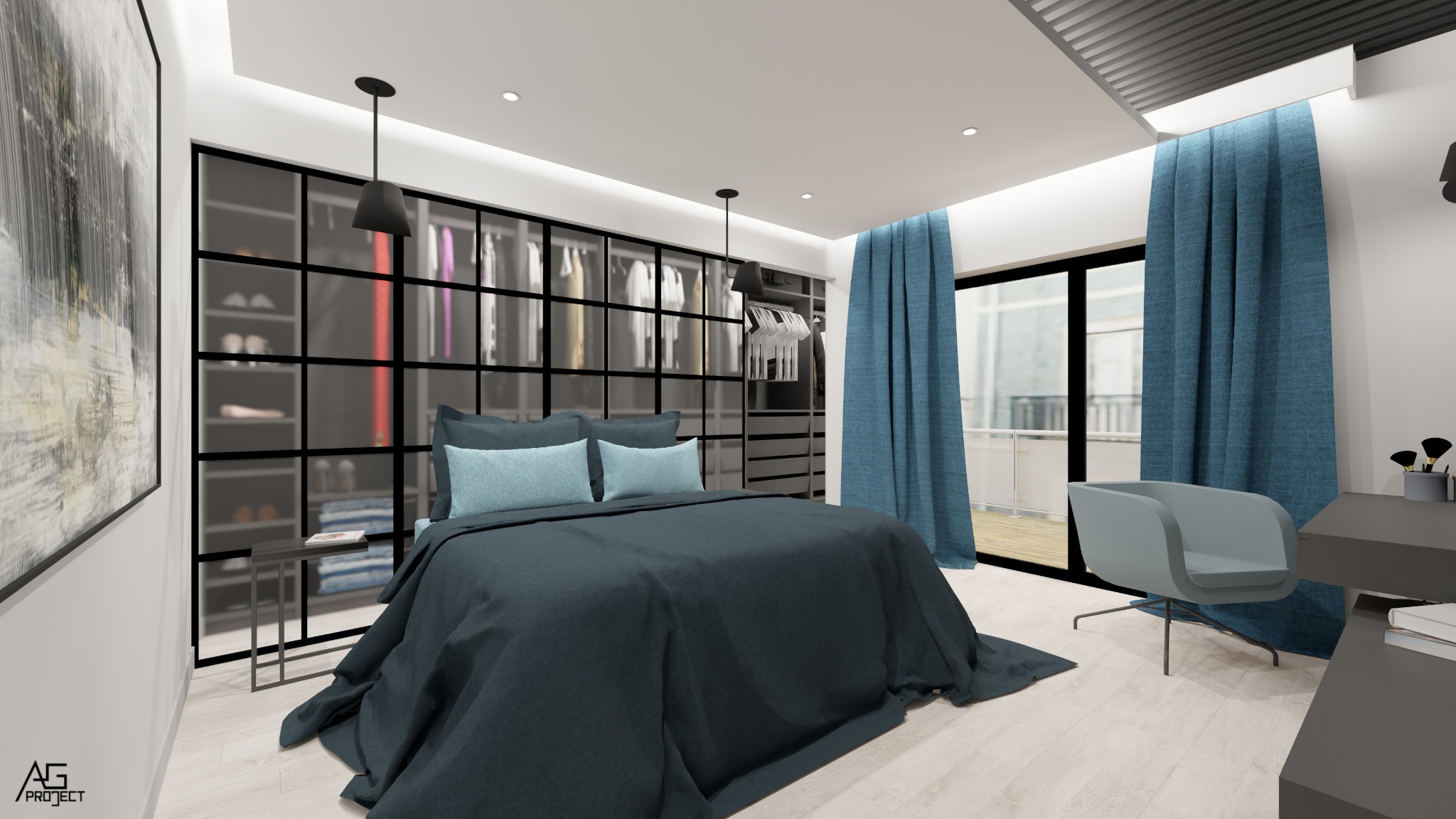 Wizualizacja sypialni z łóżkiem w odcieniach granatu i błękitu, przeszkloną garderobą z czarnymi szprosami oraz zasłonami w kolorze morskim.