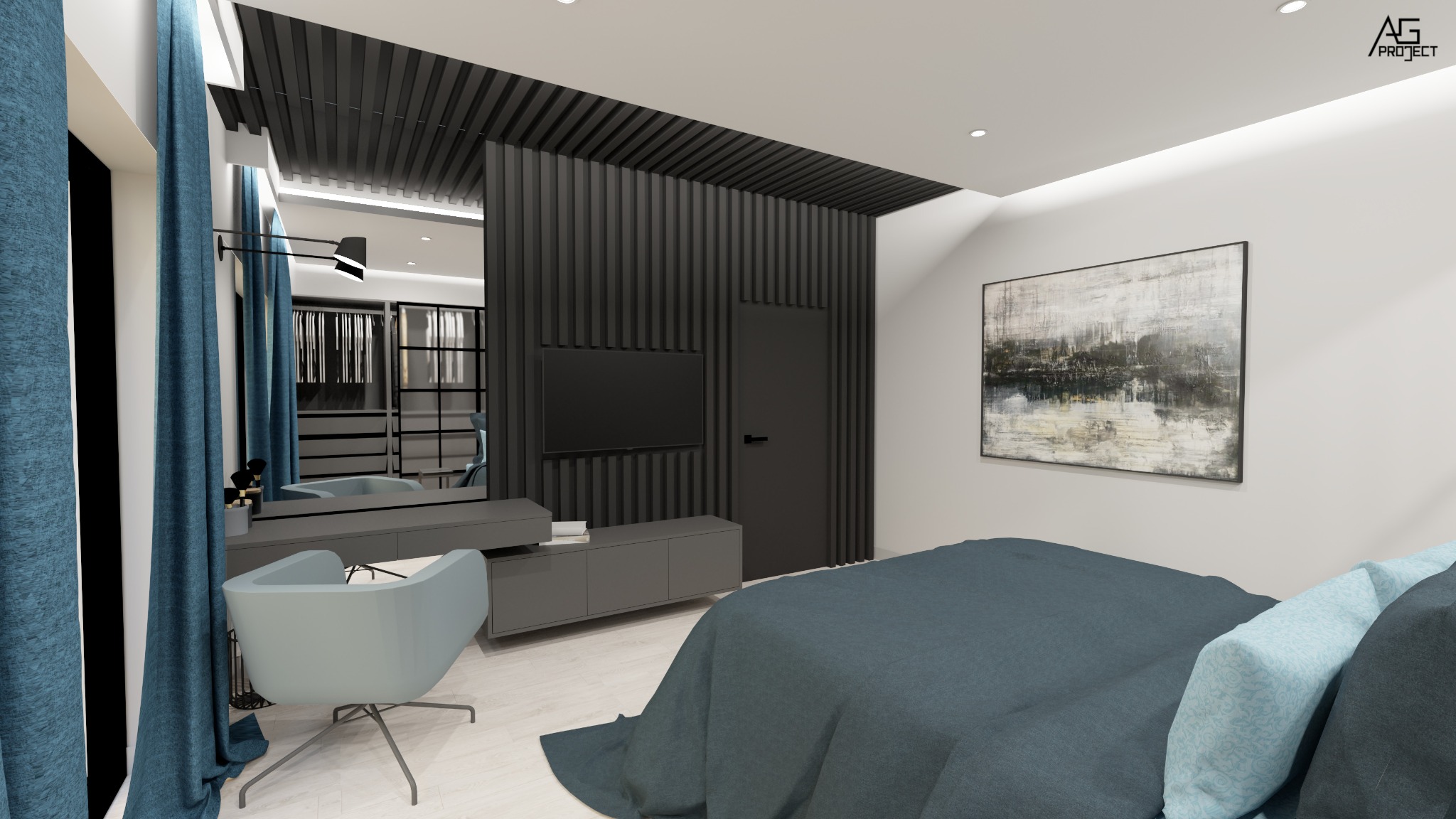 Wizualizacja sypialni z łóżkiem w odcieniach niebieskiego, szarą toaletką z lustrem, krzesłem w kolorze morskim i ścianą z pionowych paneli z wbudowanym telewizorem, oświetlona punktowymi lampami...