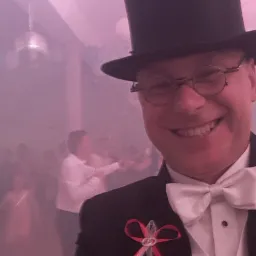 Uśmiechnięty mężczyzna w cylindrze i muszce, z przypinką z obrączkami, na tle sali tanecznej w Ciechanowie, oświetlonej dyskotekową kulą i mgłą.