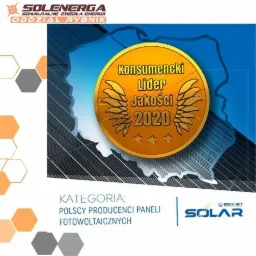 Grafika reklamowa Solenerga Oddział Rybnik z nagrodą Konsumencki Lider Jakości 2020 w kategorii Polscy Producenci Paneli Fotowoltaicznych oraz logo Bruk-Bet Solar.