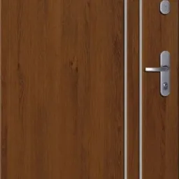 Brązowe skrzydło z dwoma pionowymi, srebrnymi wstawkami, widoczny zamek i klamka.