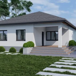 Wizualizacja parterowego domu z szarym dachem, białymi ścianami i ciemnymi oknami, otoczonego zielenią i ścieżką z płyt.