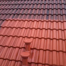 Czerwona dachówka ceramiczna, widoczna różnica między czystą a zabrudzoną częścią dachu, dwa kominki wentylacyjne.