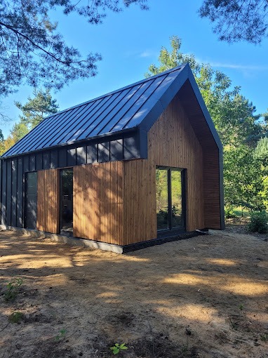 Nowoczesny dom o prostej bryle z drewnianą elewacją i ciemnym dachem z blachy na leśnej działce, widok z niskiej perspektywy.