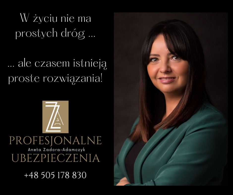 Portret kobiety w zielonej marynarce na czarnym tle, obok logo i tekstu o profesjonalnych rozwiązaniach i numerze telefonu.