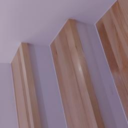 NowaMal Krzysztof Nowakowski Wykończenia Remonty Stolarstwo - Drewniane lamele dekoracyjne na ścianie, oddzielone białymi pasami, oświetlone górnym światłem.