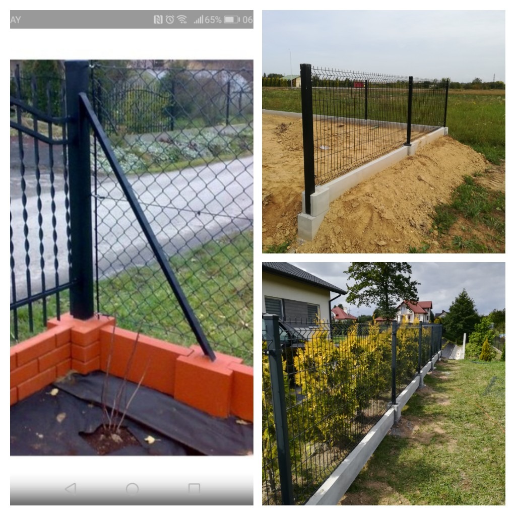 Kolaż zdjęć przedstawiający różne etapy budowy ogrodzenia z siatki i podmurówki: fragment ogrodzenia z ceglaną podstawą i metalowym słupkiem, ogrodzenie z siatki z betonową podmurówką na nierównym...