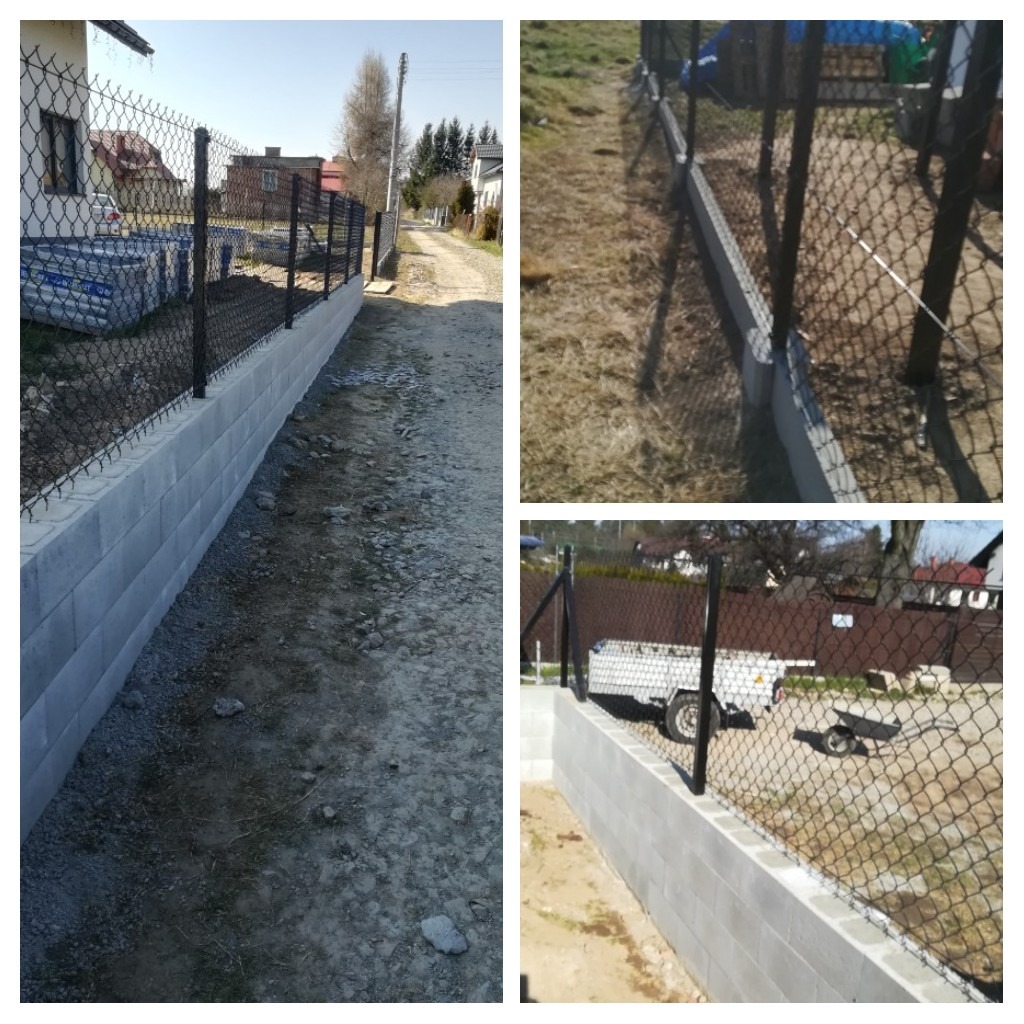 Nowoczesne ogrodzenie z siatki na betonowej podmurówce, widok z różnych perspektyw, na tle wiejskiego krajobrazu z domami i polami.