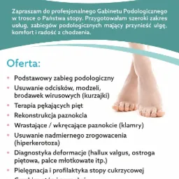 Grafika reklamowa gabinetu podologicznego z ofertą zabiegów na stopy i paznokcie, w tle zbliżenie na stopy.
