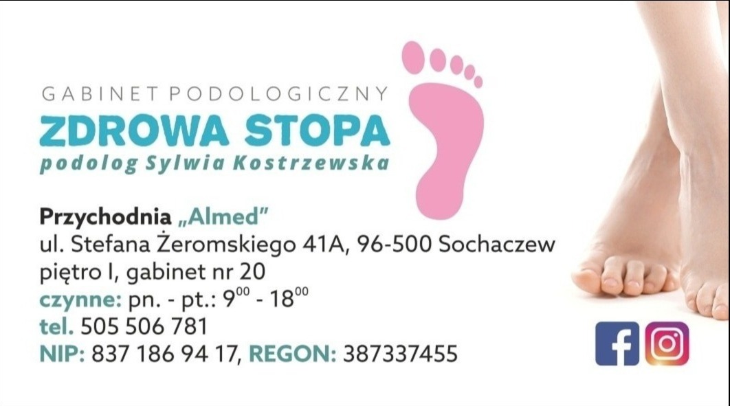 Wizytówka gabinetu podologicznego Zdrowa Stopa z adresem, numerem telefonu i logo w postaci różowej stopy, obok zbliżenie na stopy pacjenta.