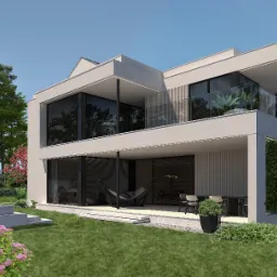 Wizualizacja nowoczesnego domu z płaskim dachem, dużymi oknami i przestronnym tarasem z hamakiem, otoczonego bujnym ogrodem z kwitnącymi hortensjami i minimalistycznym zestawem wypoczynkowym.