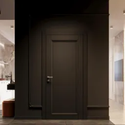 Eleganckie wnętrze: ciemna ściana z drzwiami w tonacji, kontrastująca z jasnym korytarzem i kuchnią w tle. Widoczne stylowe oświetlenie i wykończenia.