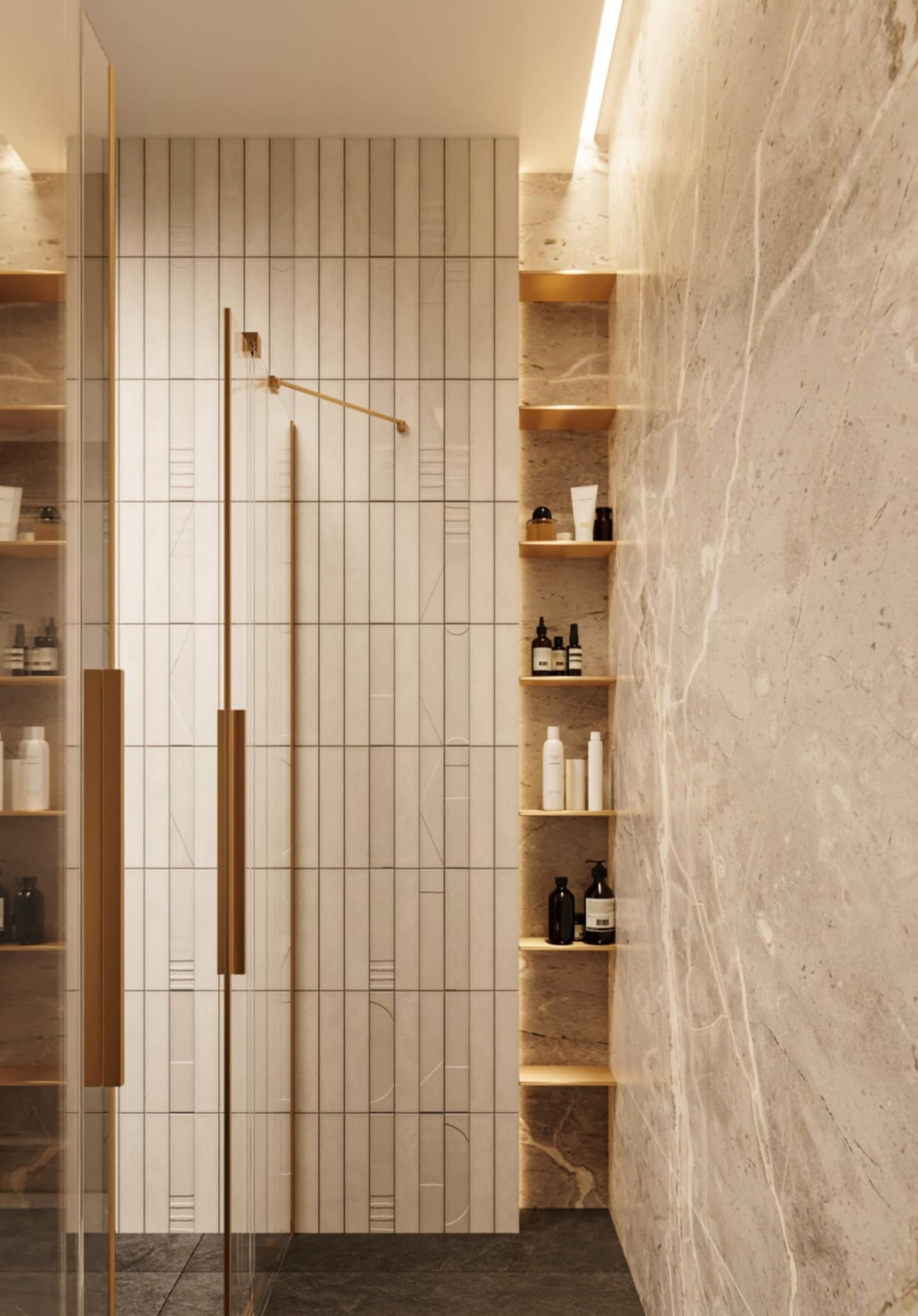 Elegancka łazienka z kabiną prysznicową, marmurową ścianą i półkami z oświetleniem. Minimalistyczny design z dbałością o detale i wysokiej jakości materiały.