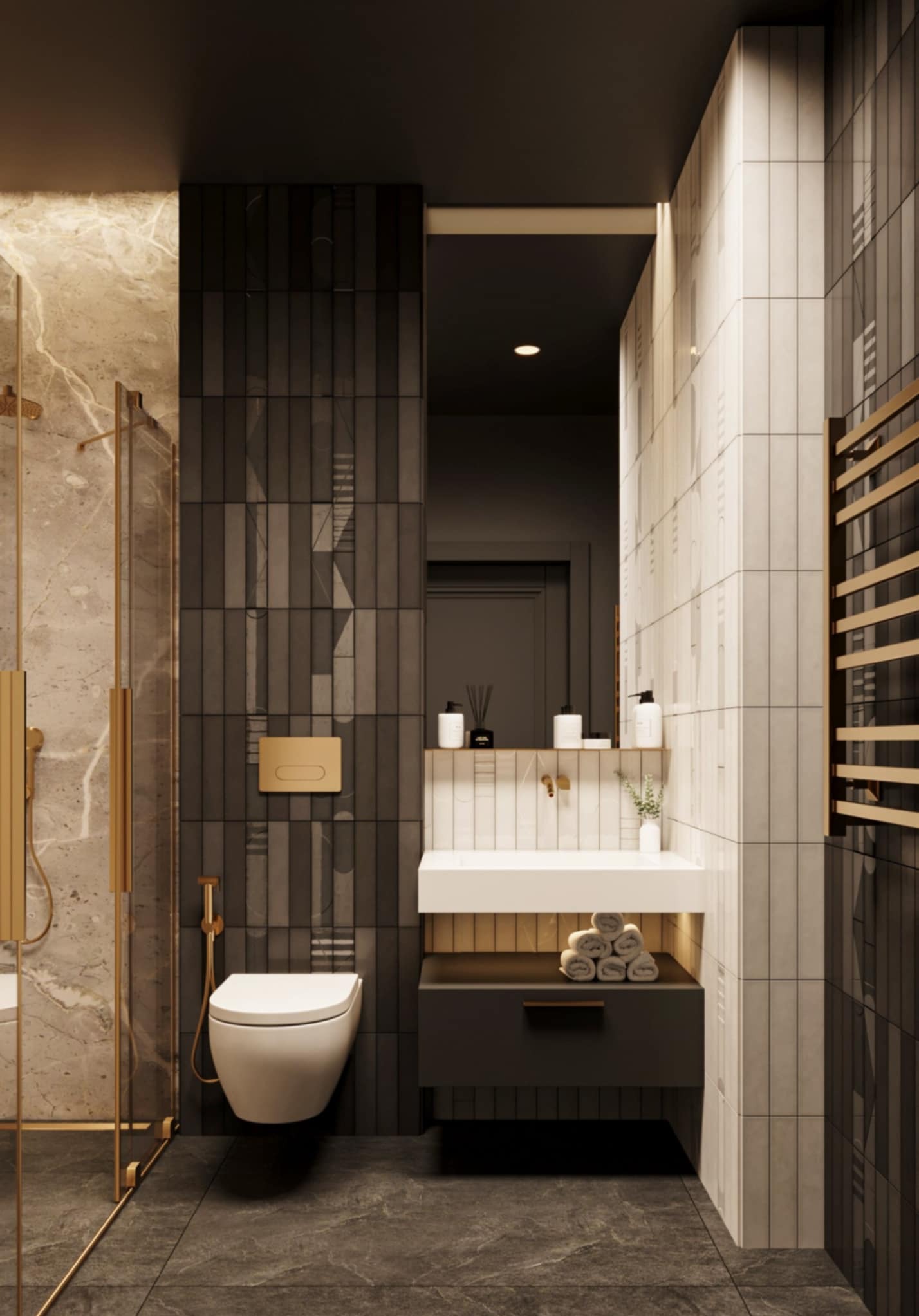 Nowoczesna łazienka z kabiną prysznicową, umywalką na szafce i toaletą w zabudowie. Ciemne płytki na ścianie kontrastują z jasnymi, pionowymi płytkami.