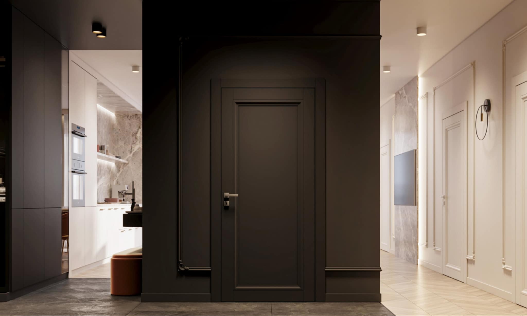 Eleganckie wnętrze: ciemna ściana z drzwiami w tonacji, kontrastująca z jasnym korytarzem i kuchnią w tle. Widoczne stylowe oświetlenie i wykończenia.