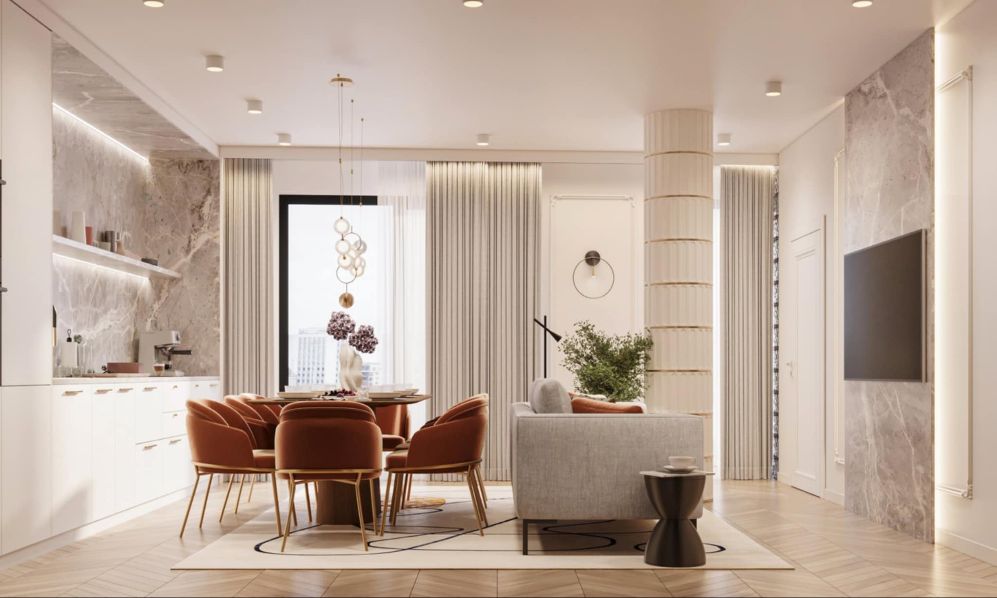Eleganckie wnętrze: marmurowe ściany, okrągły stół z krzesłami w odcieniach brązu, szara sofa i designerskie oświetlenie. Nowoczesny apartament.