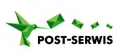 Logo firmy POST-SERWIS z zielonym kolibrem i geometrycznymi kopertami w tle.
