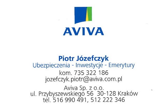 Wizytówka agenta ubezpieczeniowego Aviva z imieniem i nazwiskiem, danymi kontaktowymi i logo firmy na białym tle.