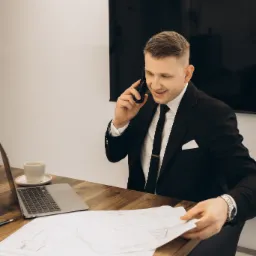 Zarządca nieruchomości w garniturze, rozmawia przez telefon, analizując plan nieruchomości na biurku z laptopem i kawą w nowoczesnym biurze.